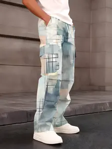 One-piece light gray-blue gradient geometric men's cargo pants with American retro style and multi-pocket design, Casual Street Comfy, Casual Streetwear Pants