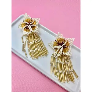 Gold and White Hibiscus Flower Waterfall Beaded Earrings
