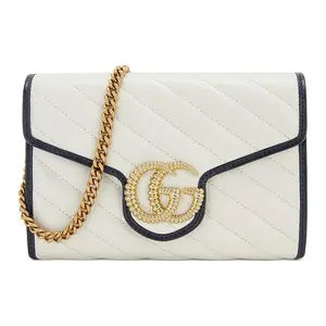 Gucci GG Marmont Quilted Leather Chain Wallet Bag for Women, Two-Tone Trim with Gold Logo, White