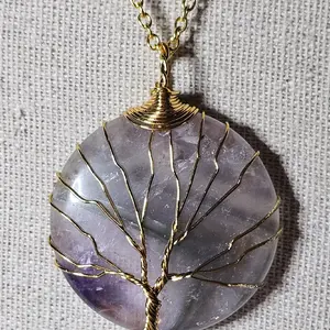 Large Fluorite Crystal Pendant Tree of Life Wire Wrap with necklace 22"