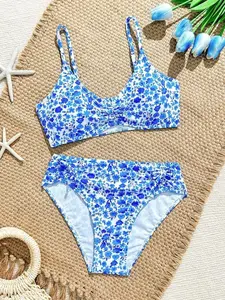 Girls Ditsy Floral Bikini Sets, Top With Center String, Bottoms With Side Strings, 2 Pieces Swimsuit, Fashion Elegant Casual Design, Suitable For Swimming, Vacation, Summer Young Girls Sets Young Girl Summer Outfits Bathing Suits