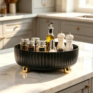 360° Rotating Lazy Susan Tray, White Ribbed Kitchen Organizer with Gold Feet, Multi-purpose Spinning Countertop Tray for Fruits, Spices & Snacks, Elegant Home Decor for Kitchen & Dining Room