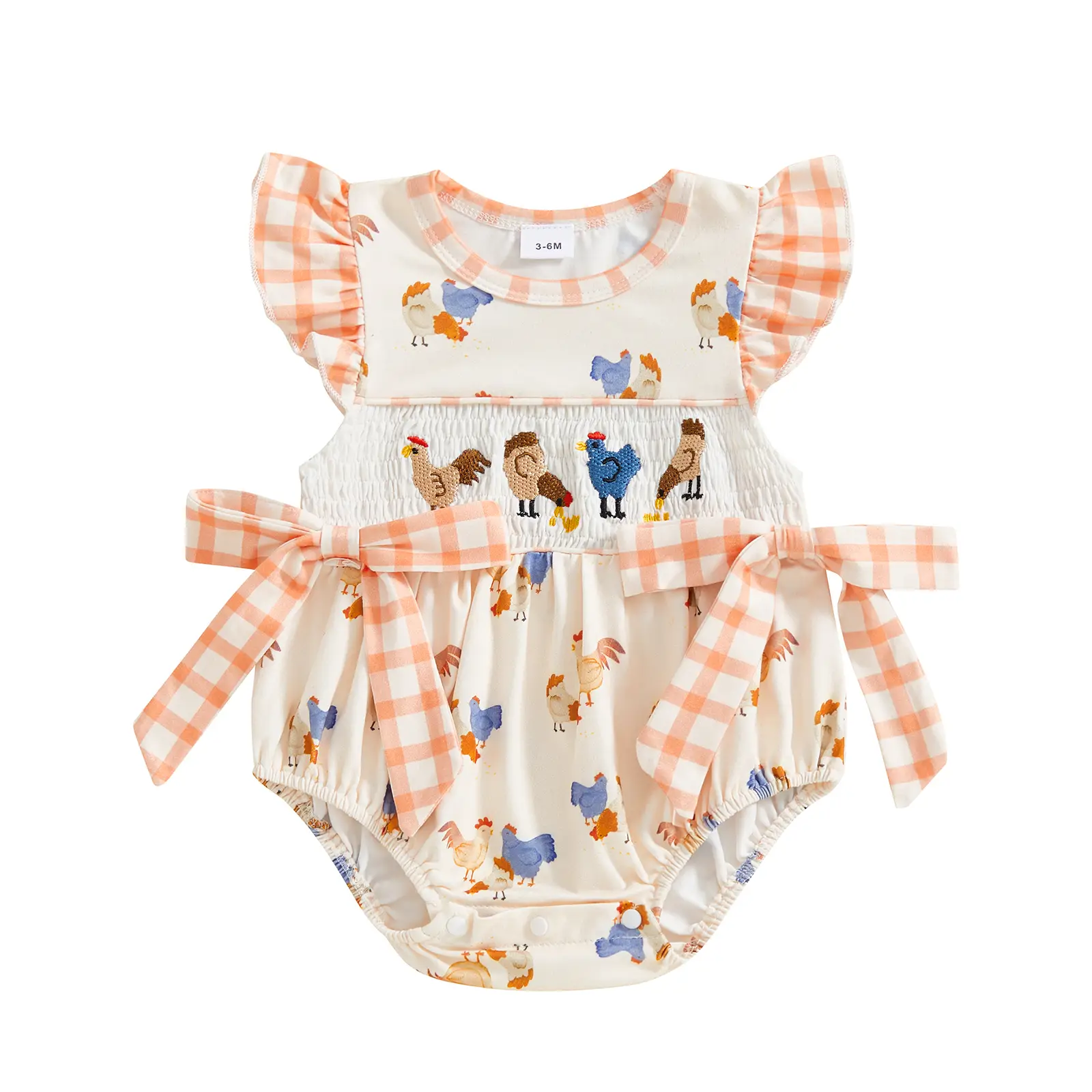 Newborn Baby Girl Bubble Romper Farm Chicken Staff Outfit Ruffles Smocked Plaid Bows Belt Onesie Bodysuit Jumpsuit Western Country Summer Clothes