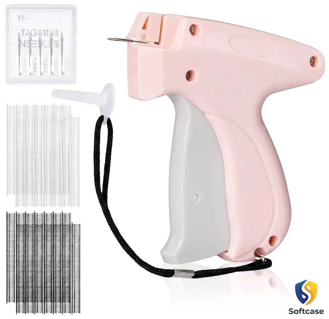 Pink Handheld Tagging Gun for Clothes - 0.5mm DIY Sewing Kit for Clothing Fixes, Ergonomic Handle, Easily Tear Off Stitching, 1500 Black Fasteners & 1500 White Fasteners for DIY Enthusiasts