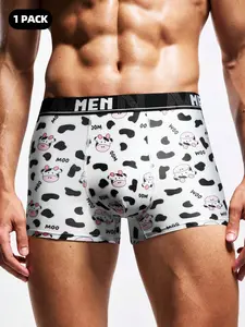 Men’s Casual Boxer Shorts with Letter and Cow Print Design, Comfortable Lightweight Sleepwear, Perfect for Home, Lounging, and Everyday Wear"