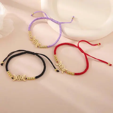 Triple Goddess Artificial Gemstone Bracelet - High Quality Exquisite Trendy Unisex Double Pentagram Witchcraft Rope Jewelry with Moon Symbol, Mystical Adults' Daily Hand Accessory, High Quality Bracelet, Exquisite Trendy Bracelet