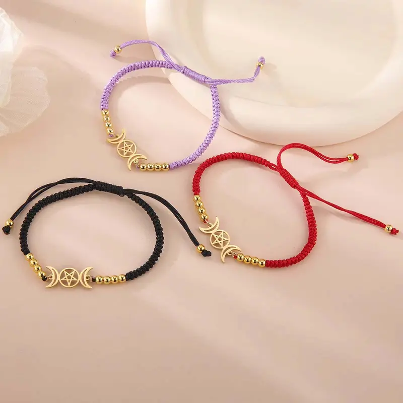 Triple Goddess Artificial Gemstone Bracelet - High Quality Exquisite Trendy Unisex Double Pentagram Witchcraft Rope Jewelry with Moon Symbol, Mystical Adults' Daily Hand Accessory, High Quality Bracelet, Exquisite Trendy Bracelet