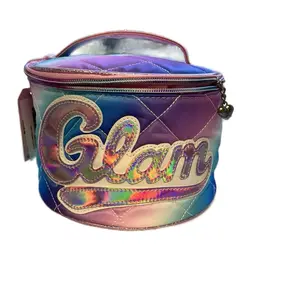 OMG Glam Makeup Bag Rainbow Quilted Design with Shiny Letters Zipper Closure for Beauty Essentials