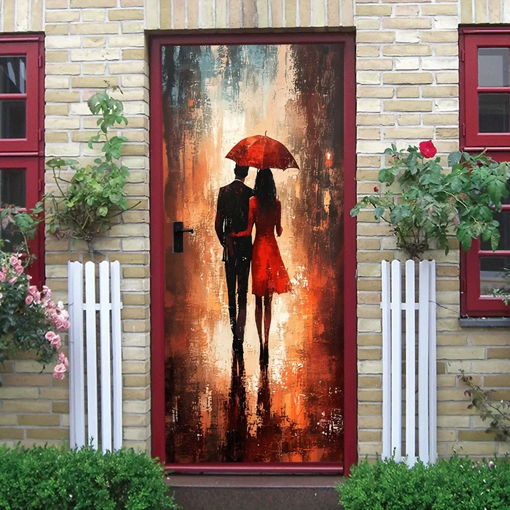 2pcs   Romantic Couple in Rain Wall Sticker Modern Living Room Entrance Bedroom Decorative Art Mural Waterproof Self Adhesive Removable Home Decoration Decal  Collage Self-Adhesive Door Sticker