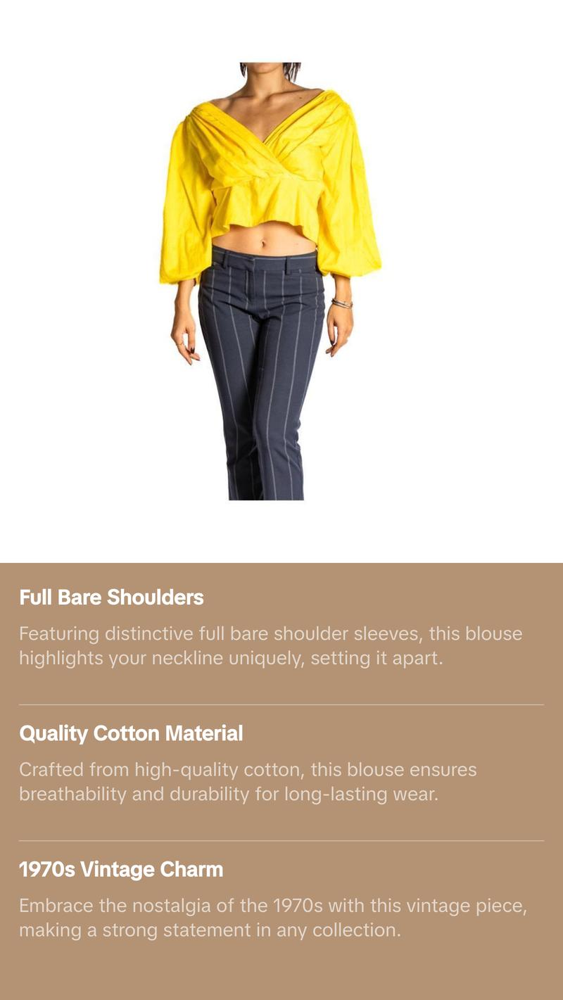 1970S LANVIN Canary Yellow Crisp Cotton Blouse With Full Bare Shoulder Sleeves 1970S LANVIN Canary Yellow Crisp Cotton Blouse With Full Bare Shoulder Sleeves