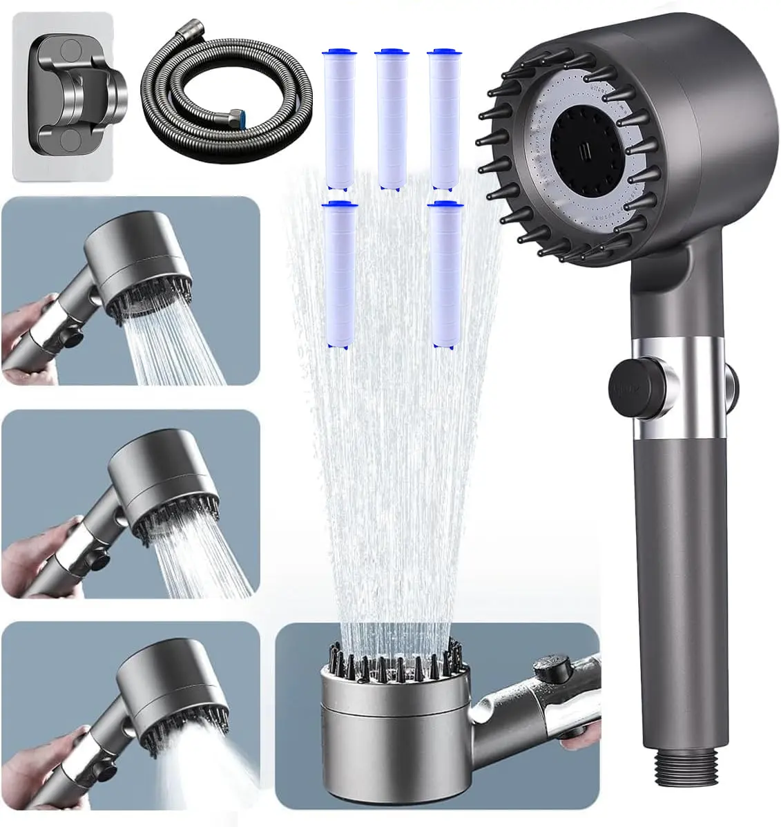 Turbo High Pressure Shower Head with 5 Filters + Hose & Bracket | Hard Water Filter Shower Head for Low Pressure – Removes Chlorine & Scale, Saves Water & Energy, Modern Spray Shower for Bathroom – Feel the Rain, Blend, Spray & Clean Modes Every Morning