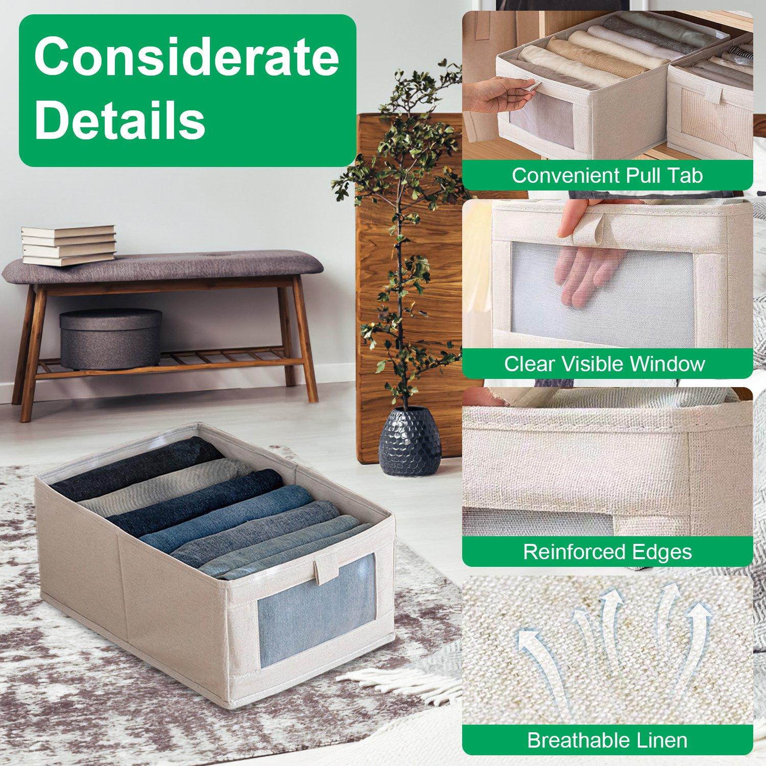 4Pcs Foldable Closet Storage Bins,16.14x10.82x6.49in Closet Storage Baskets with Clear Window, Washable Linen Fabric Storage Baskets for Clothes Organization or Bedroom Kitchen Basement,Clothes Toys Snacks Tools