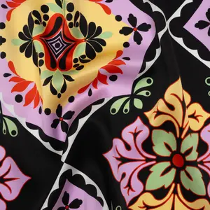 Silk Charmeuse Print 16MM, Made in Italy - Black, Lavender and Pale Yellow Fancy Floral Tiles