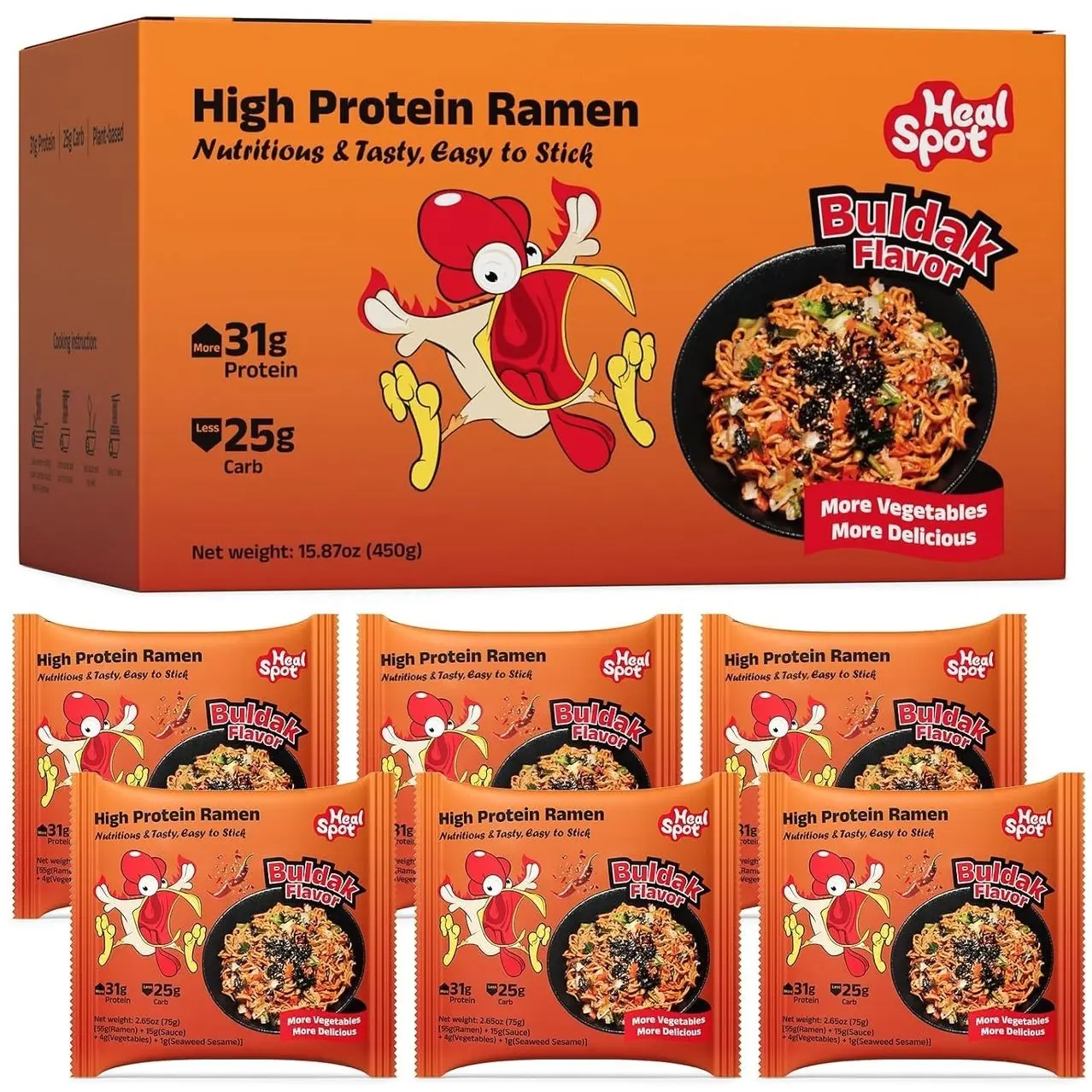 Healspot High Protein Spicy Buldak Noodles, Dry Tossed Ramen, 30g Plant-Based Protein, Low Fat, Low Carb, Non GMO, Keto Friendly & Plant Based (6 packs)