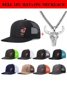 Unisex Baseball Cap Dad Hat & Bull Head Necklace Set, Funny Santa Claus Design, Adjustable Trucker Hat, Casual All-Season Wear, Perfect Christmas Gift