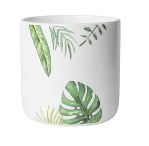 5.9”D x 5.9”H Round Ceramic Green Leaves Planter, White