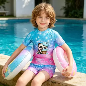Kids Short Sleeve Crew Neck Rash Guard Swimsuit Cute Panda Ice Cream Print Quick Dry 2 Piece Swimwear for Boys Girls Beach Pool Water Park Swim Lesson