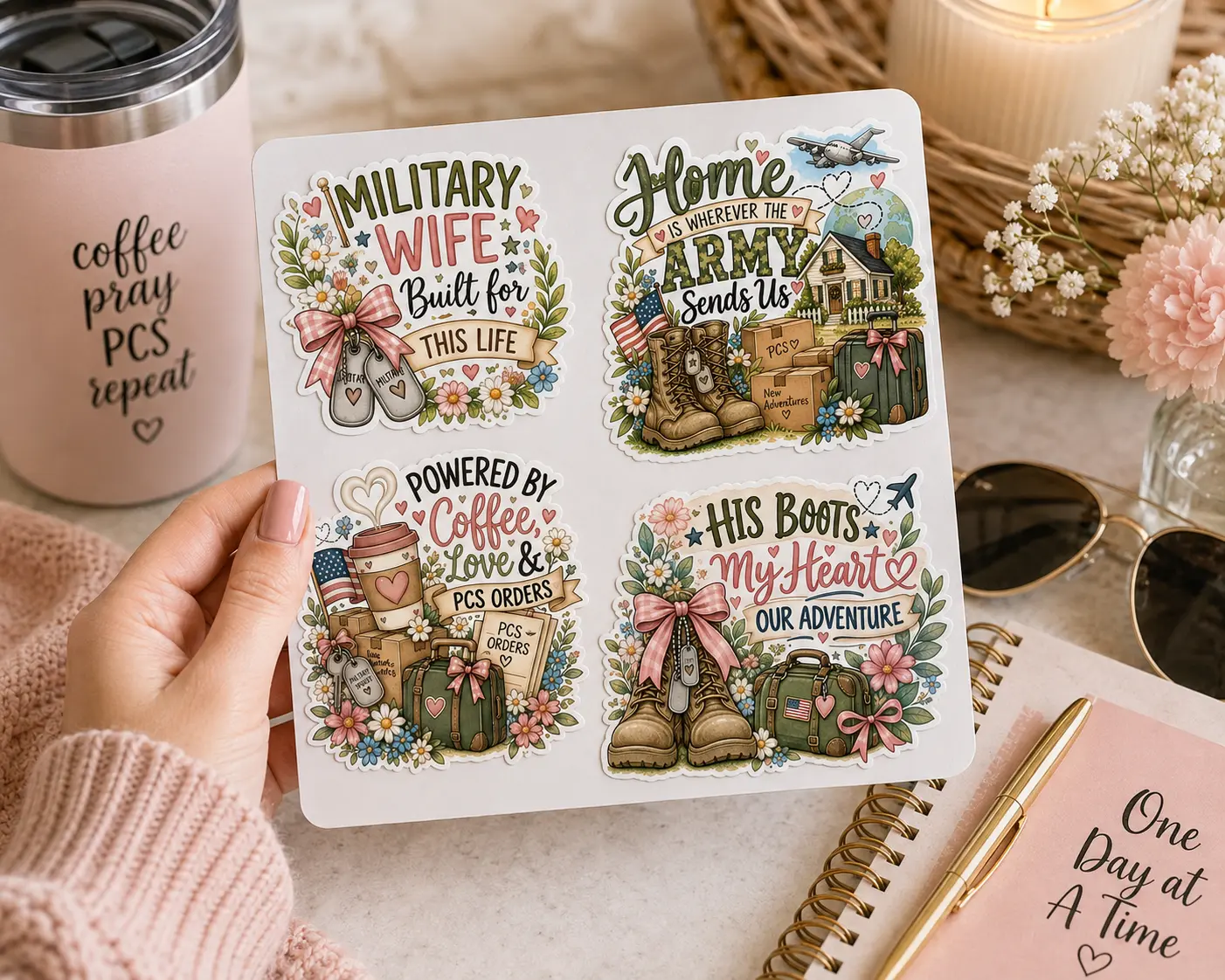 🎀 Military Wife Sticker Sheet | Cute Military Spouse Stickers | PCS Life, Coffee & Army Wife Vinyl Stickers 🇺🇸💕