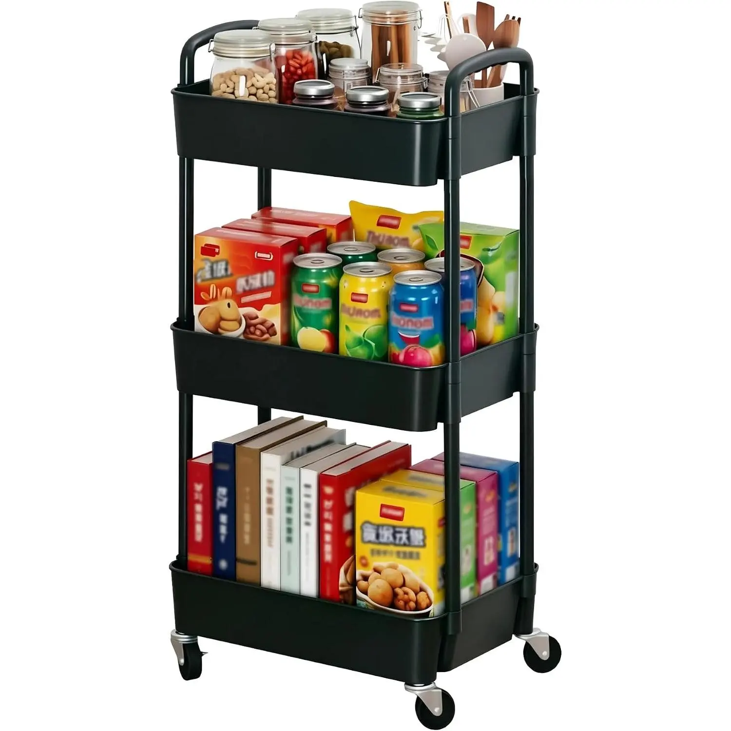 3-Tier Rolling Cart with Wheels for,Black| Multi-Functional Trolley, for Office, Living Room,,,Movable Organizer,-Saving,Easy to assemble