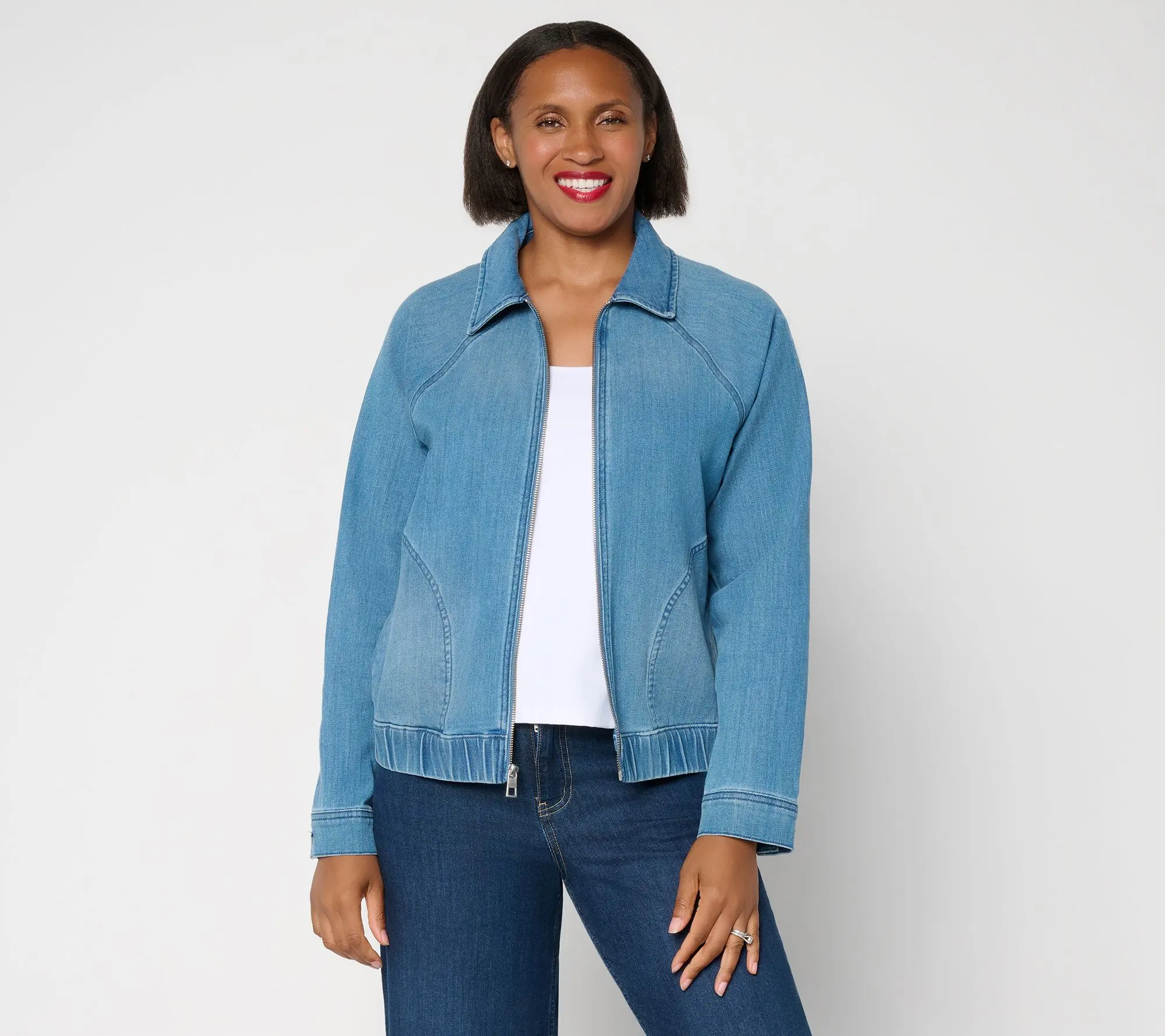 LOGO by Lori Goldstein Denim Bomber Jacket with Patches