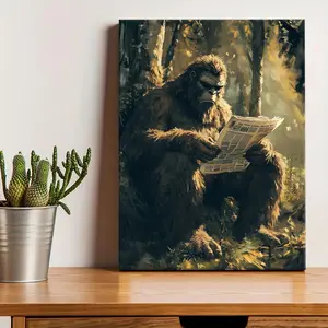 Wooden Framed Canvas Painting, Bigfoot Reading Newspaper Pattern Wall Art, Modern Art Decoration, Living Room Bedroom Decoration, Office Mural, Ornaments
