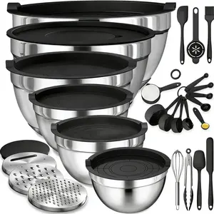 Mixing Bowls with Airtight Lids Set, 26PCS Stainless Steel Bowls with Grater Attachments, Non-Slip Bottoms & Kitchen Gadgets Set, Size 7, 4, 2.5, 2.0,1.5, 1QT, Great for Mixing & Serving