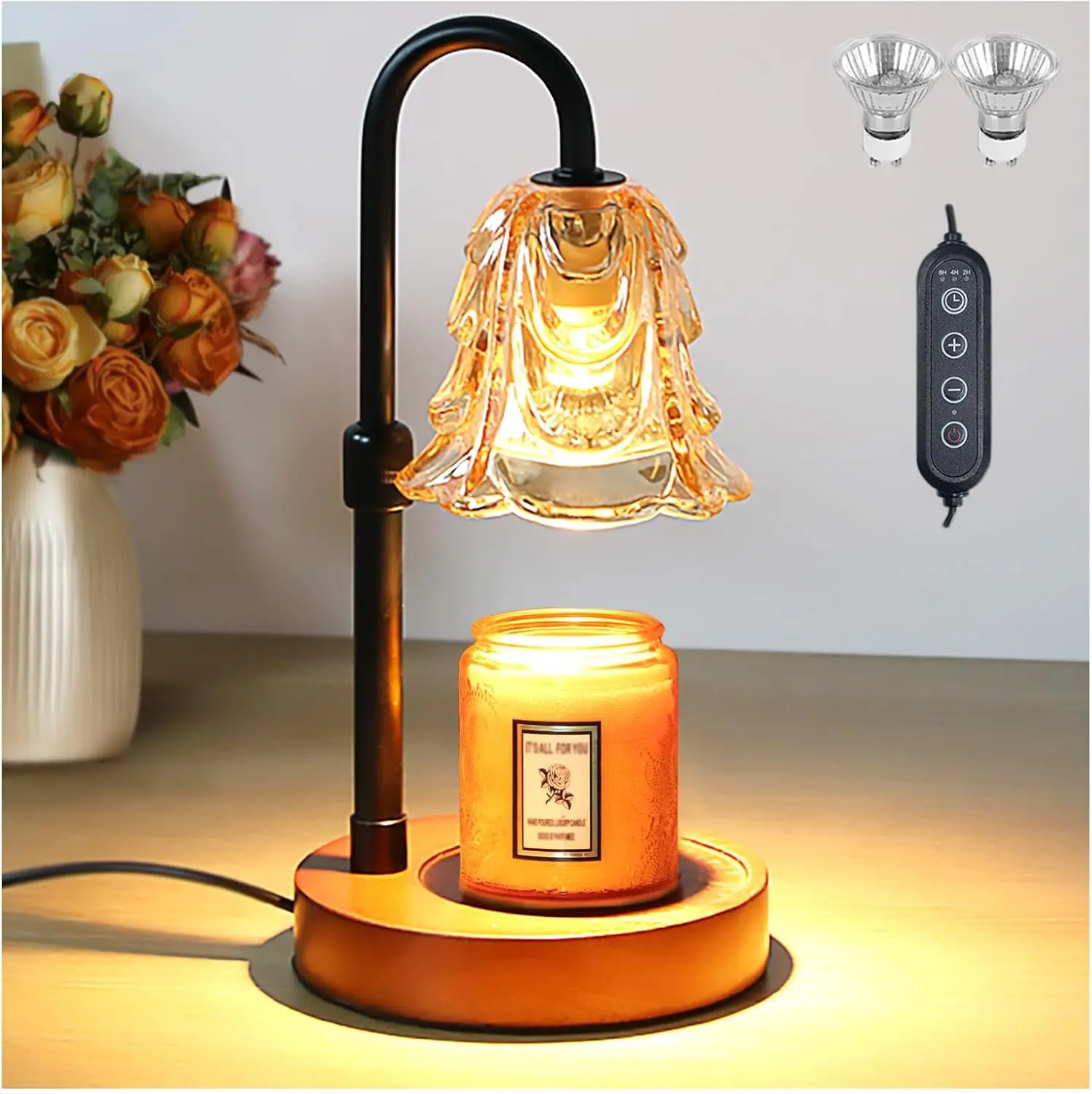 Electric Candle Jar Heater with Timer & LEDs, Adjustable Height, Warm Light LED Strip, 2 Bulbs, Thermal Fragrance Diffuser, Candelabra, Home Decor Candle Lamp, Women Gifts for Home & Office