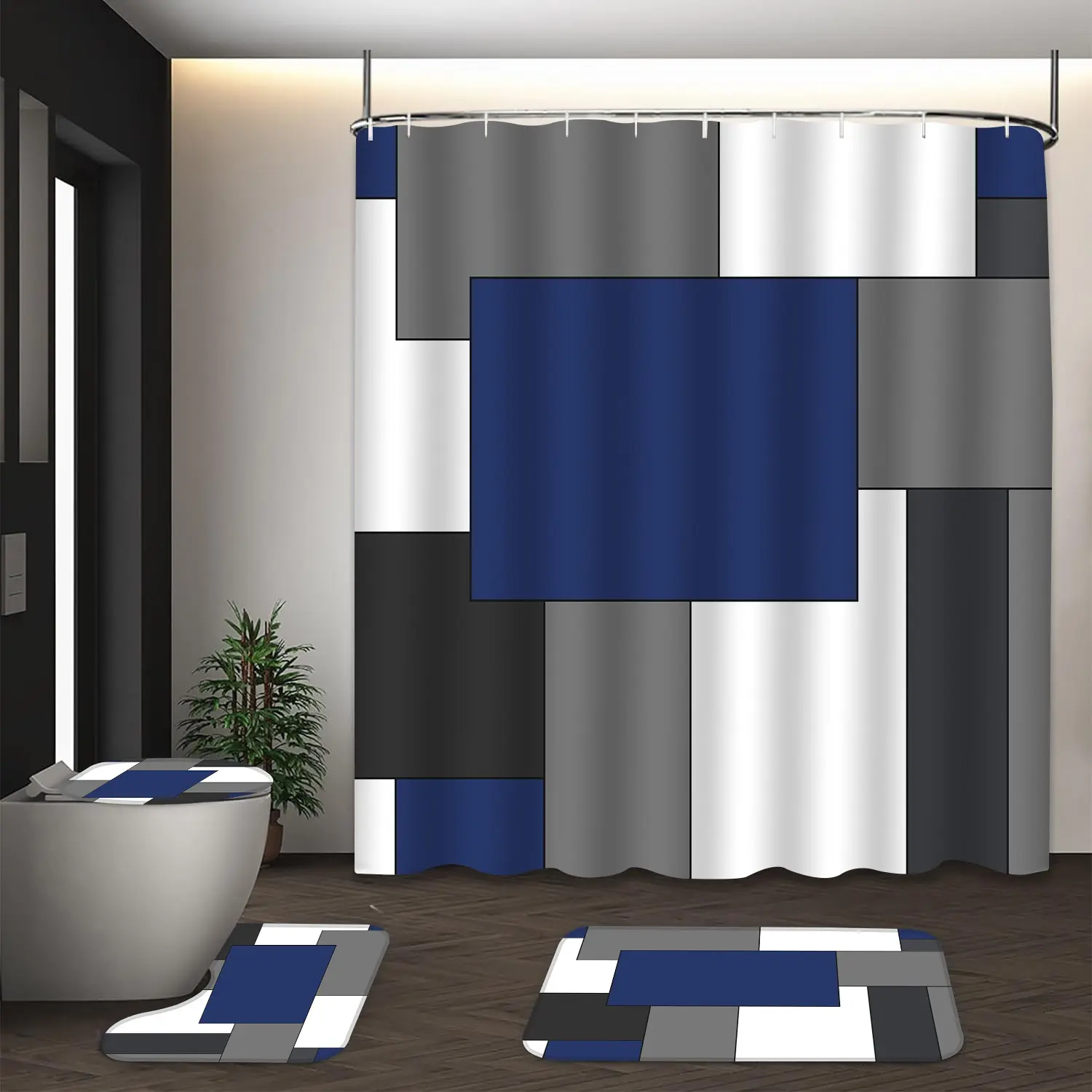 LVRLVR 4pcs Geometric Block Pattern Modern Minimalist Navy Blue Grey Polyester Shower Curtain Set Bathroom Shower Curtain Sets Bathroom Accessory 70.8x70.8 Inch