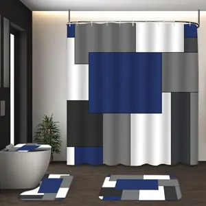 LVRLVR 4pcs Geometric Block Pattern Modern Minimalist Navy Blue Grey Polyester Shower Curtain Set 70.8x70.8 Inch