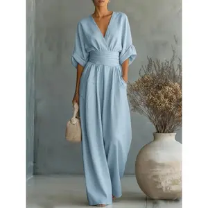 Elegant Spring Summer Jumpsuit for Women 2026 |     V Neck Cinched Waist Dressy Casual One Piece Outfit