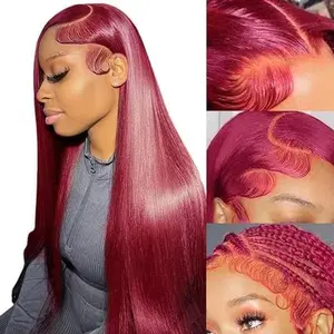 Burgundy Wig Human Hair 30inch 13x4 HD Transparent Lace Straight 99J Red Human Hair Wig Colored Reddish Brown Lace Frontal Wigs 180% Density Pre Plucked Christmas Wigs