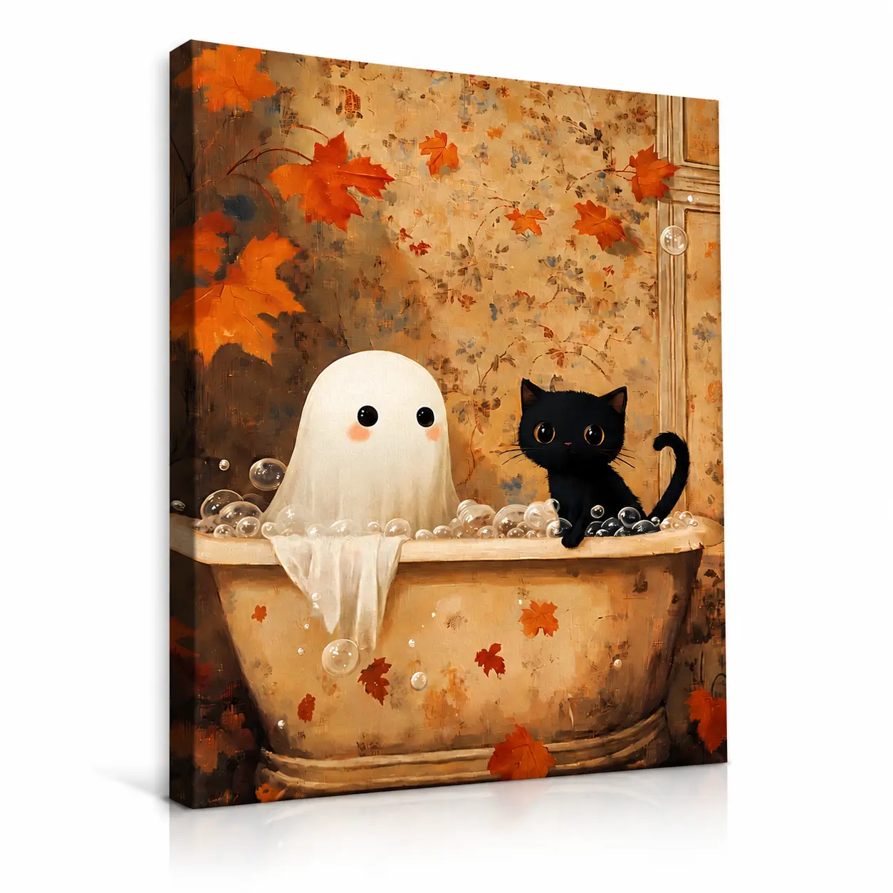 Halloween Ghost Cat Canvas Wall Art, Cute Black Cat & Ghost Bathtub Painting, Fall Home Decor, Spooky Season Decorations, Halloween Canvas Print, Farmhouse Wall Decor, Cozy Autumn Artwork for Living Room Bedroom Bathroom, Cat Lover Gift, Seasonal Wall Art