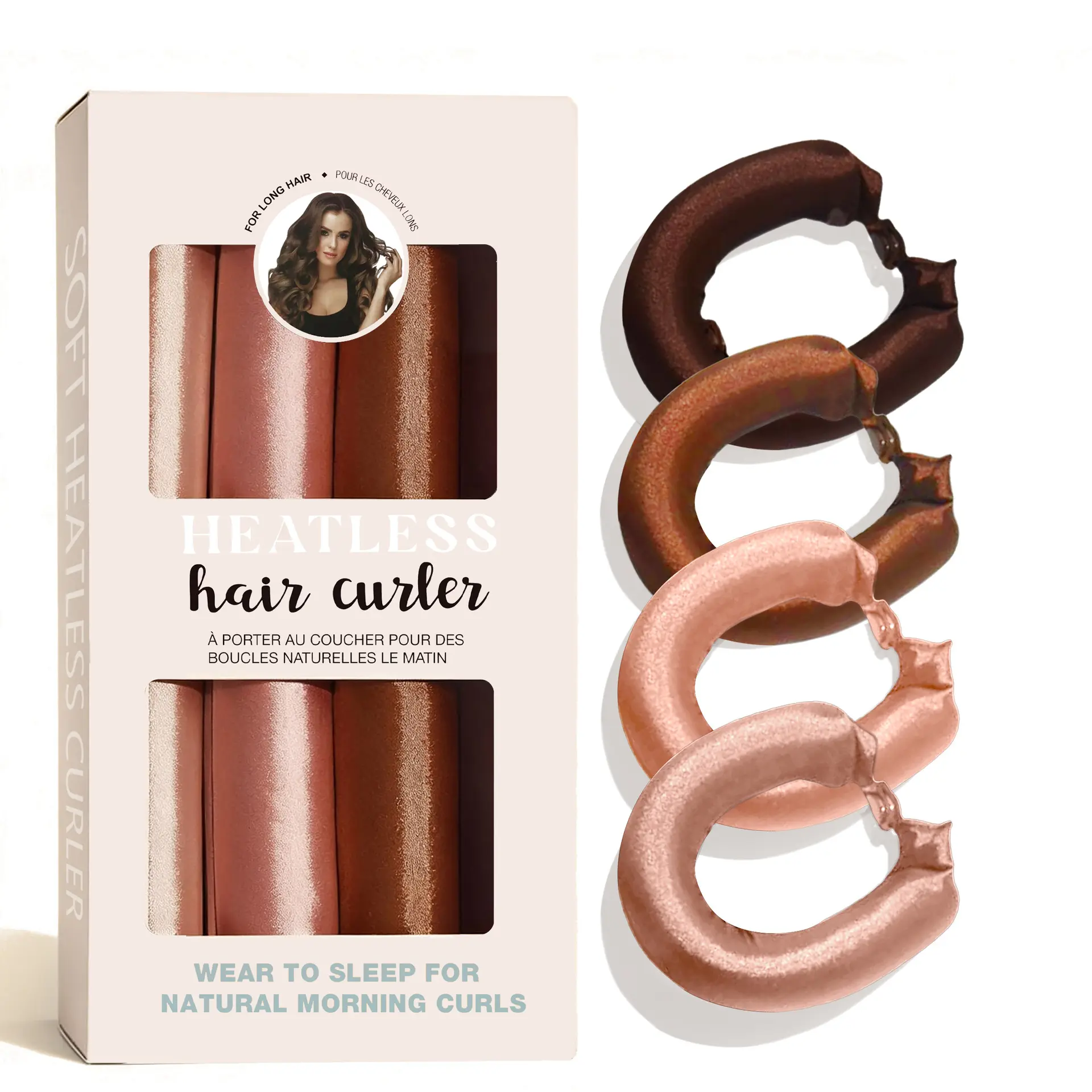Deins Beauty Heatless Curling Rods for Overnight Curls, 4-Piece Satin Flexi Rods Set, Wear to Sleep for Natural Morning Curls, For Long Hair Hair Curling Kit