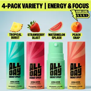 ALLDAY Caffeine Energy Spray - Sour Bold Flavor | Pocket Size Energy Shot with L-Theanine + Vitamin B12 | Sugar Free Caffeine Alternative | Support Focus | Faster Energy Boost | 4 Flavor Variety Pack