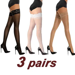 3 Pairs MAX 154.32LB Women's Shiny Reflective Knee High Lace Stockings Transparent Cute Over The Knee Socks