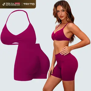 TRYTO Two-Pieces Suit Impact Strappy Bra&Impact Shorts Fitness Yoga Sports Women Activewear Gym Outdoor Tank Tops Hidden Scrunch Butt Lifting Gymwear Shorts Womenswear