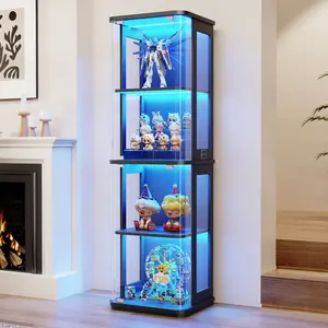 BROTTAR Rounded Display Cabinet with Glass Door, 4-Tier Curio Cabinet with 3 Color Lights for Collectibles, Glass Display Case with Transparent Full-Display Surface, Human Body Sensor, Black
