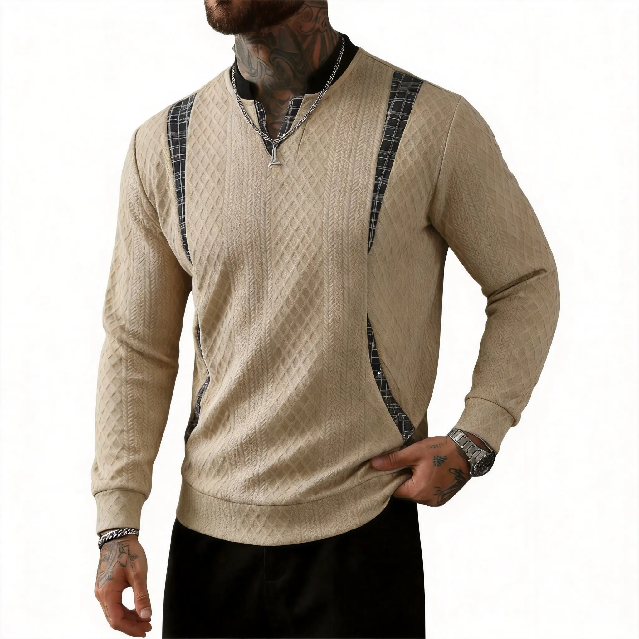 Men's V-Neck Pullover Sweater, Lightweight Jacquard Knit with Plaid Patchwork, Long Sleeve for Business & Parties, Dry Clean, Casual, Tops, Fabric, Textured, Knitwear