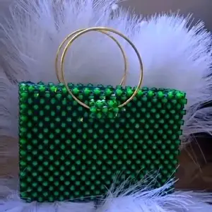 Handmade Beaded Bag - Green Beads with Gold Handles and Feather Detailing