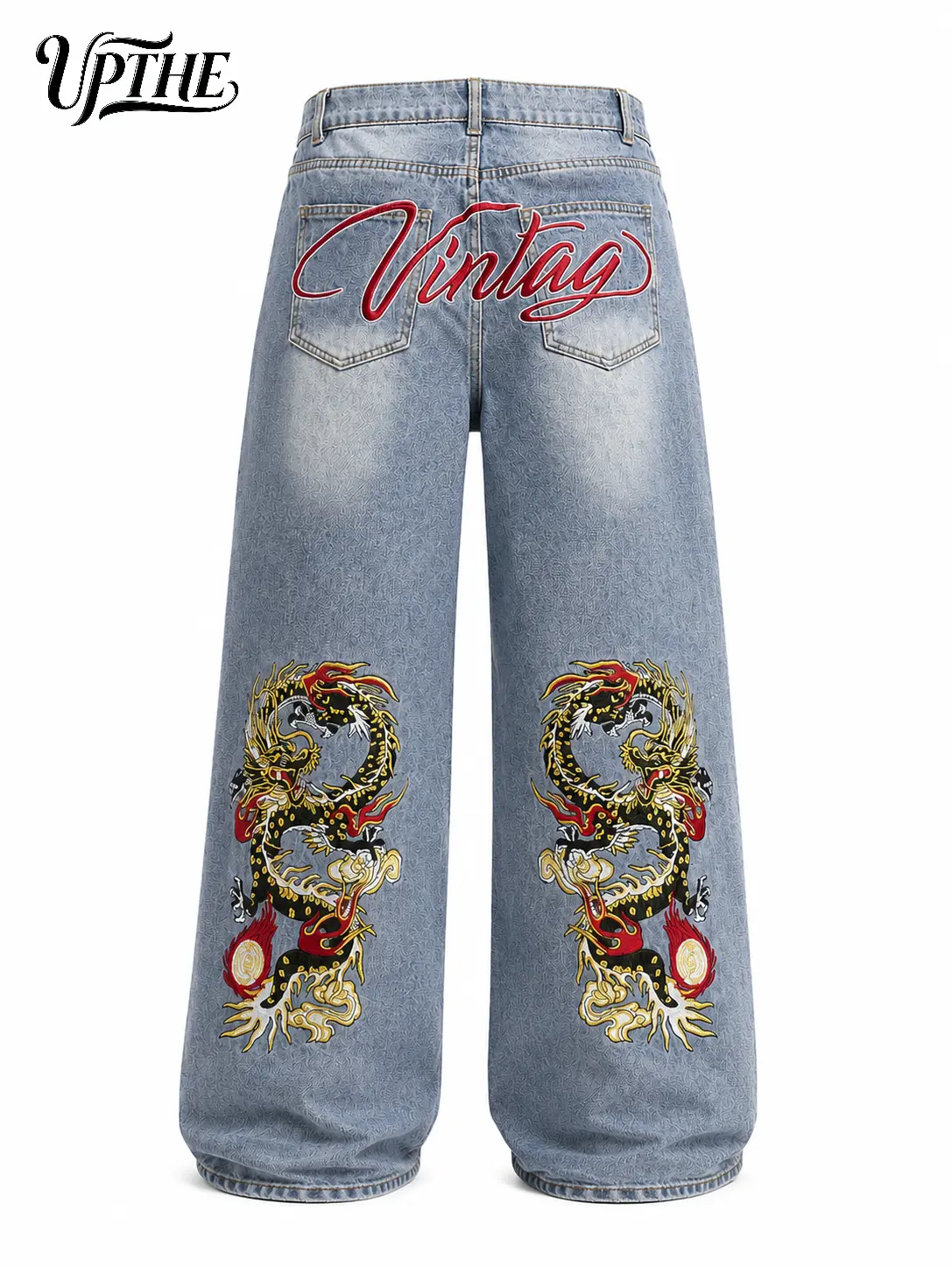 UP.THE Y2K Baggy Jeans Men's Wide Leg Hip Hop Streetwear Dragon Embroidered Classic Quality with Button Detail for Casual Outings Pants Vibe