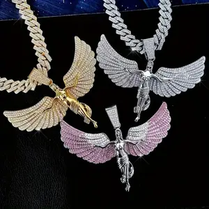 Gorgeous Angel Wings Goddess Pendant Necklace with Moissanite, Cuban Chain, Highlighting Dazzling Temperament, Ideal for Parties, Banquets, Perfect Easter Gift