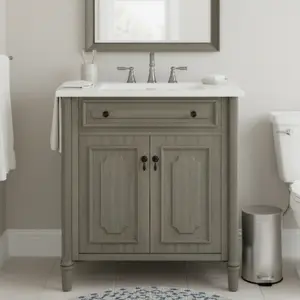 30 Inches Vintage Bathroom Vanity with Sink, Rustic Bathroom Cabinet with Soft Close Doors and Adjustable Shelf, Curved Profile Design, Rubber Wood Legs, Gray