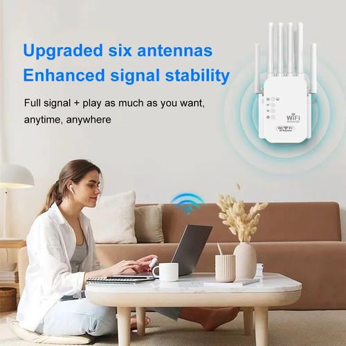 WiFi Extender, 1200Mbps Dual Band 2.4GHz/5GHz Signal Booster with 6 High-Gain Antennas, Covers Up to