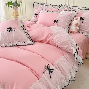 Duvet Cover  Size, Ruffle Beddding Set with Bowtie, 3 count Comforter Cover Set with Zipper Closure, Girl Bedding with Pillowcase - Light ,