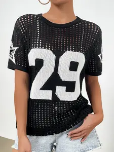 Women's Figure & Letter Hollow Out Breathable Light Sweater, Casual Fashion Short Sleeve Crew Neck Knit Top for Summer, Fashion Women's Knitwear for Daily Wear, Womenswear