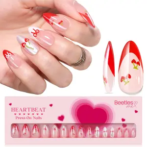 Beetles Cherry & Heart Press-on Nails, Cherry Of Love Medium Almond French Tips, 30pcs Pre-designed Set in 15 Sizes, Easy To Apply for Instant Salon-quality Nails, Gift for Girls & Women, Nails Press Ons