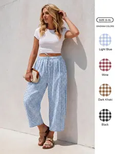 IDEALSANXUN Women's Gingham Checkered Harem Pants - Elastic Cropped Wide-Leg Trousers with Drawstring Bottoms, Relaxed Mid-Rise Breathable Fabric for Spring Summer Casual Beach Wear | Women's Clothes, Clothes,summerwins,summeroutfits,vacationoutfits,beach