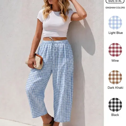 IDEALSANXUN Women's Checkered Baggy Boho Wide-Leg Pants - Elastic Mid-Rise Loose Cropped Trousers, Drawstring Bottoms, Breathable Fabric for Spring Summer Casual, Beach, Back to School Wear