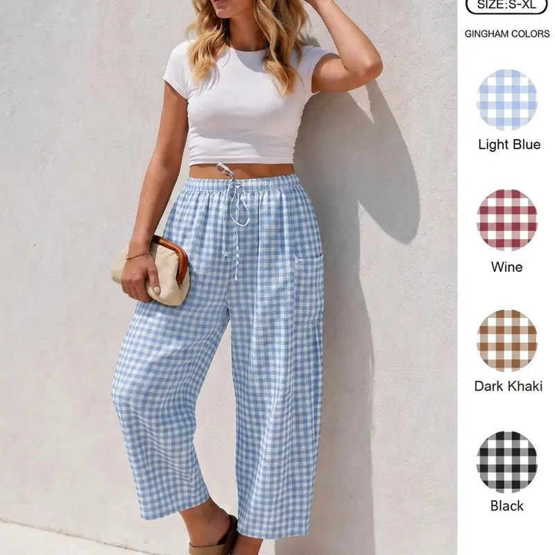 IDEALSANXUN Women's Checkered Baggy Boho Wide-Leg Pants - Elastic Mid-Rise Loose Cropped Trousers, Drawstring Bottoms, Breathable Fabric for Spring Summer Casual, Beach, Back to School Wear