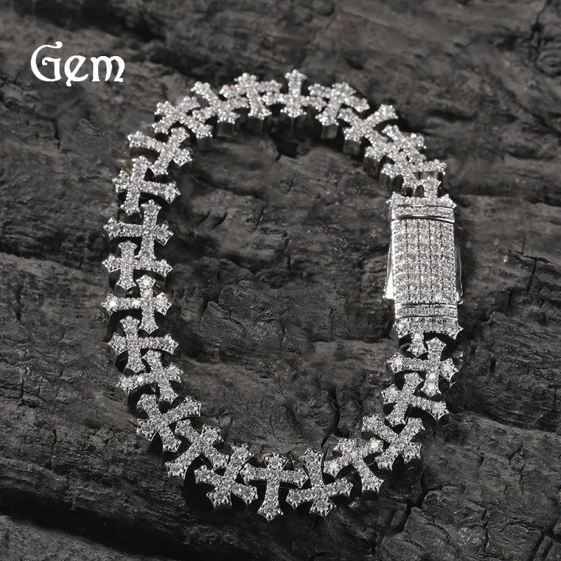 3D Natural Zircon-Inlaid Copper Cross Bracelet - Thick Real Gold Plating, Hip-Hop Style, Light Luxury, Unique Versatile, Adults' Fashion Accessories, Couple Gifts for Everyday Wear, Accessories Adults